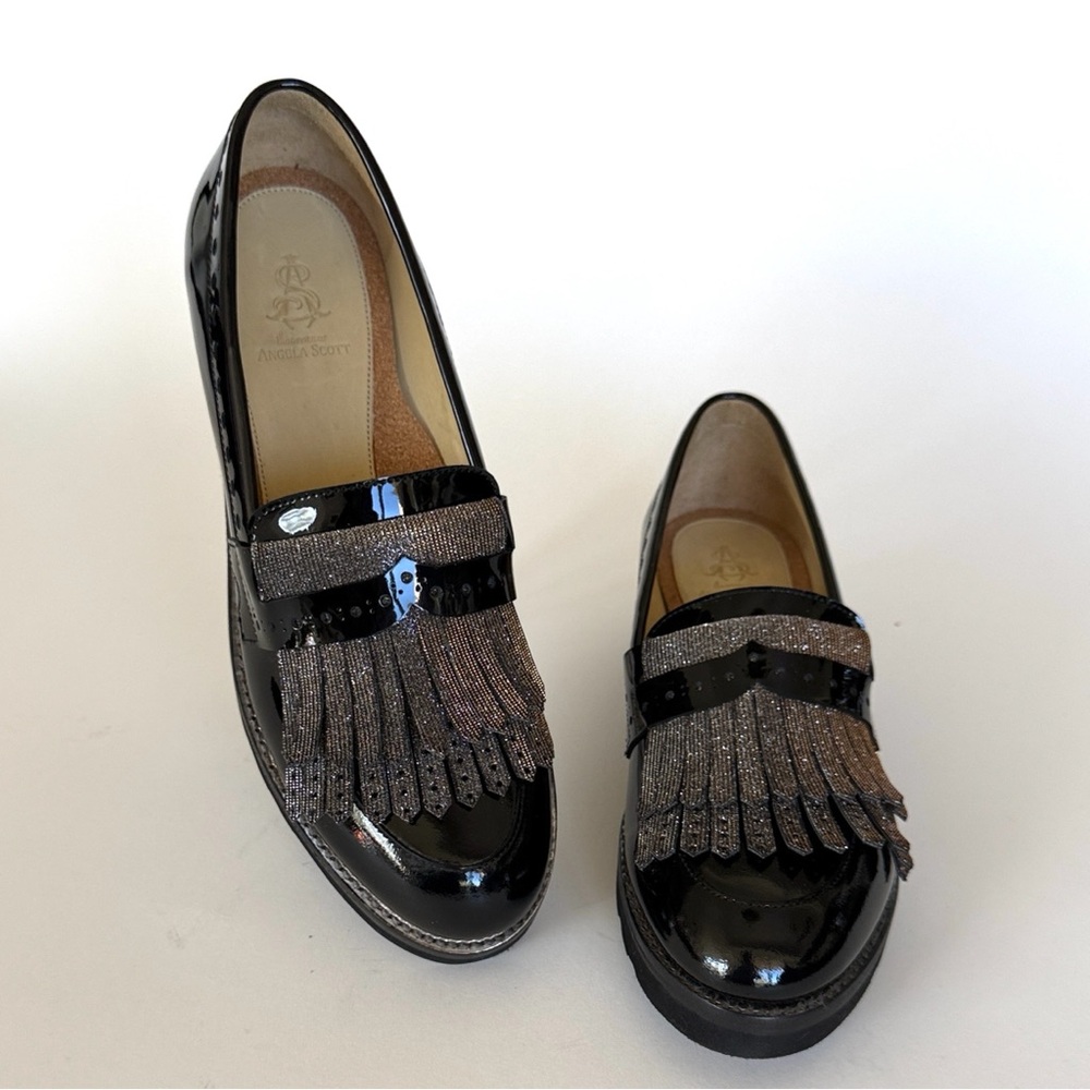 Mr. Pennywise Wedged Black Patent Loafer with Metallic Fringe